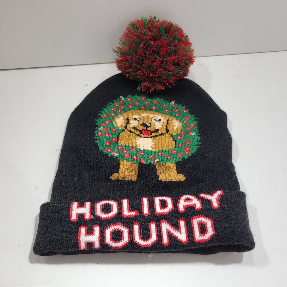 Holiday Hound Ugly Christmas Pom Knit Beanie Winter Hat Womens Black Stretch Fit